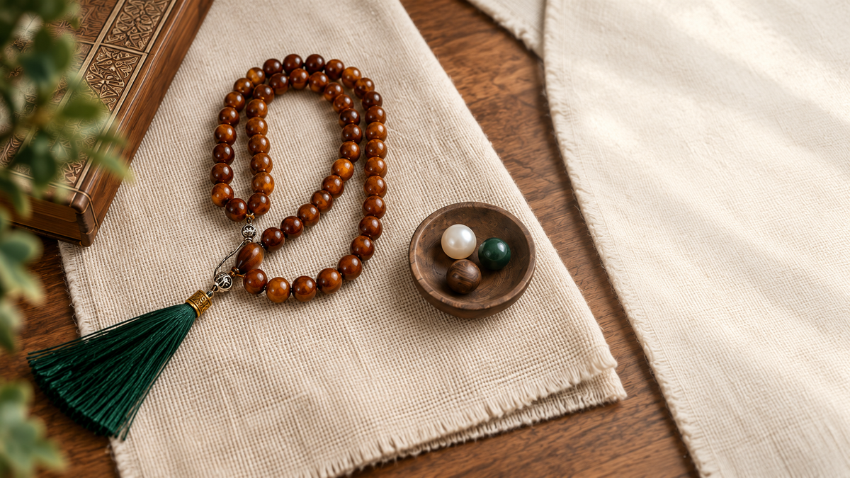 Honey-colored prayer beads with a green tassel on linen fabric